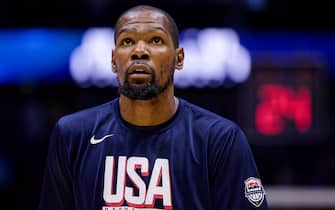 London, England, July 20 2024: Kevin Durant (7 USA) warming up before the USA Basketball Showcase game between USA and South Sudan at The O2 Arena in London, England. (Pedro Porru SPP) PUBLICATIONxNOTxINxBRAxMEX Copyright: xPedroxPorrux xSPPx spp-en-PePoSp-4F8A1334