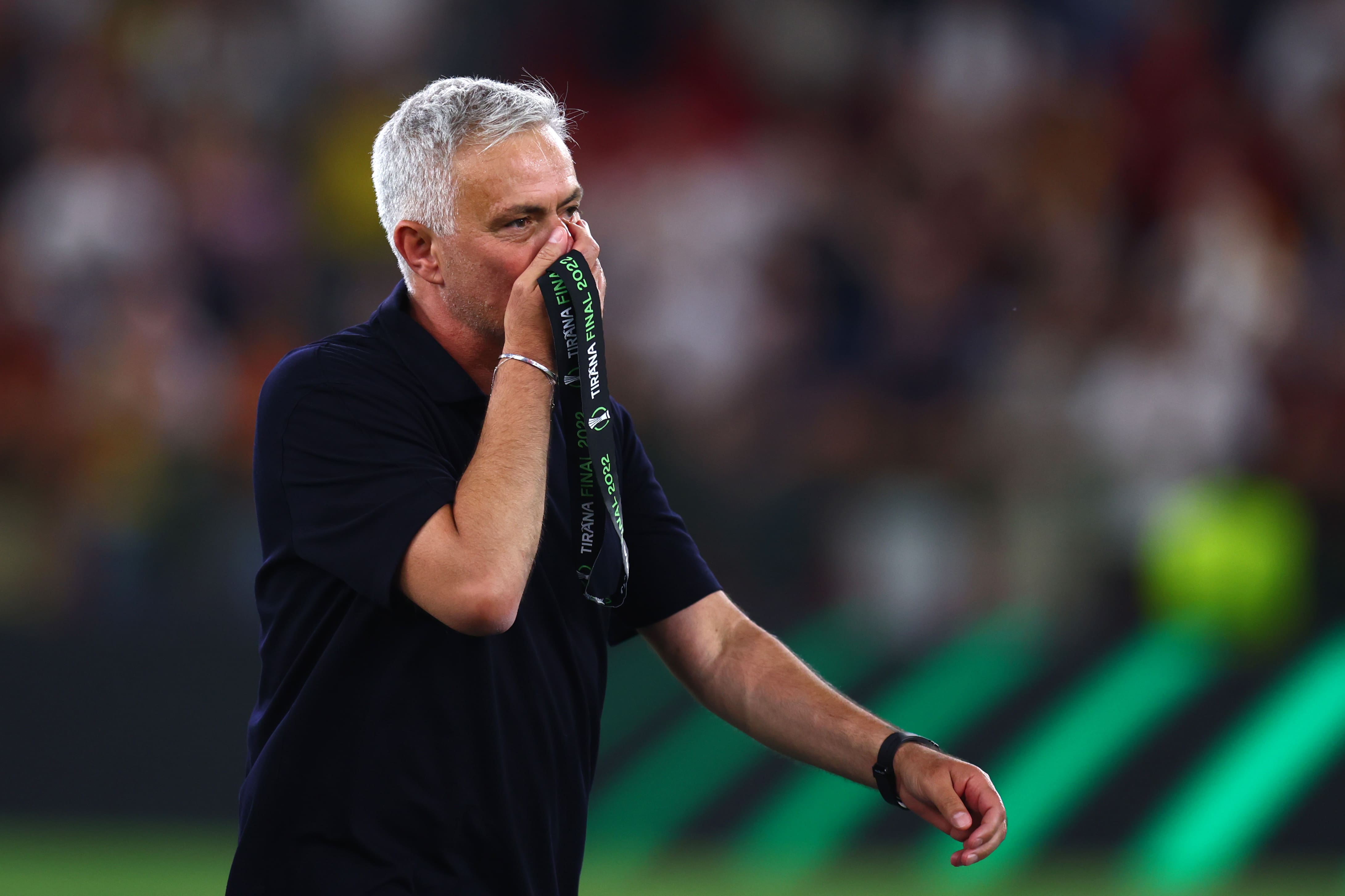 TIRANA, ALBANIA - MAY 25: Jose Mourinho, Head Coach of AS Roma reacts following their sides victory in the UEFA Conference League final match between AS Roma and Feyenoord at Arena Kombetare on May 25, 2022 in Tirana, Albania. (Photo by Alex Pantling/Getty Images)