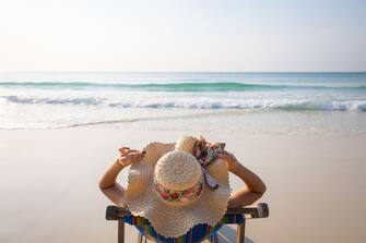 Summer beach travel vacation concept, Traveler woman with hat and dressing bikini relax on chair beach.