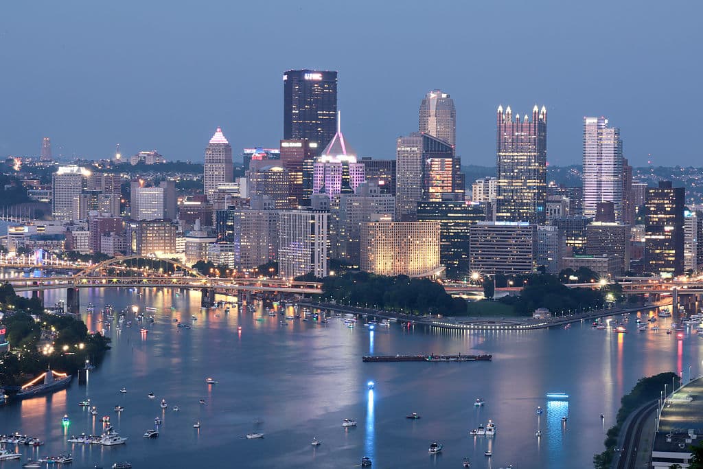 Fireworks display in Pittsburgh, United States, on July 4, 2025, as seen from West End Overlook Park. (Photo by Thomas O'Neill)