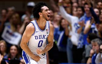 DURHAM, NORTH CAROLINA - JANUARY 27: Jared McCain #0 of the Duke Blue Devils reacts following a basket during the second half of the game against the Clemson Tigers at Cameron Indoor Stadium on January 27, 2024 in Durham, North Carolina. Duke won 72-71. (Photo by Lance King/Getty Images)