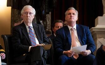 epa09955775 US Speaker of the House Nancy Pelosi (L), Senate Minority Leader Mitch McConnell (C) and Republican Representative from California and House Minority Leader Kevin McCarthy (R) attend  the Congressional Gold Medal ceremony honoring the Merchant Mariners of World War II, in National Statuary Hall on Capitol Hill in Washington, DC, USA, 18 May 2022. The Merchant Marine suffered the highest per capita casualty rate in the US Armed Forces during World War II.  EPA/MICHAEL REYNOLDS