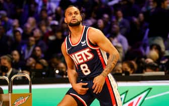 CLEVELAND, OHIO - FEBRUARY 19: Patty Mills #8 of the Brooklyn Nets watches his shot in the 2022 NBA All-Star - MTN DEW 3-Point Contest as part of the 2022 All-Star Weekend at Rocket Mortgage Fieldhouse on February 19, 2022 in Cleveland, Ohio. NOTE TO USER: User expressly acknowledges and agrees that, by downloading and or using this photograph, User is consenting to the terms and conditions of the Getty Images License Agreement. (Photo by Tim Nwachukwu/Getty Images)