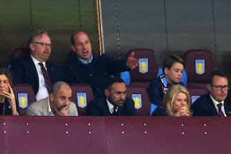 BIRMINGHAM, ENGLAND - APRIL 11: Prince William, Prince of Wales and Prince George of Wales look on during the UEFA Europa Conference League 2023/24 Quarter-final first leg match between Aston Villa and Lille OSC at Villa Park on April 11, 2024 in Birmingham, England.(Photo by Marc Atkins/Getty Images)