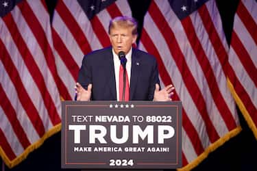 Former US President Donald Trump speaks during a Nevada Republican caucus night watch party in Las Vegas, Nevada, US, on Thursday, Feb. 8, 2024. Trump opted to skip the primary on February 6 to run in the Nevada Republican caucus, which will award delegates, and where he faces no major rival. Photographer: Ian Maule/Bloomberg via Getty Images