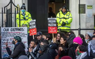 LONDON, ENGLAND - JANUARY 24: Students protest outside the headquarters of Universities UK to demand an end to its links to israeli institutions and the arms industry on January 24, 2024 in London, England. (Photo by Guy Smallman/Getty Images)