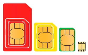 Set of SIM cards. eSIM, nano, micro and mini sim cards, 3D rendering isolated on white background