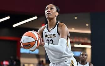 COLLEGE PARK, GA - AUGUST 22: A'ja Wilson #22 of the Las Vegas Aces prepares to shoot a free throw during the game against the Atlanta Dream on August 22, 2023 at Gateway Center Arena in College Park, Georgia. NOTE TO USER: User expressly acknowledges and agrees that, by downloading and or using this photograph, User is consenting to the terms and conditions of the Getty Images License Agreement. Mandatory Copyright Notice: Copyright 2023 NBAE (Photo by Derek White/NBAE via Getty Images)