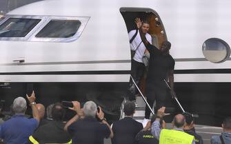 A.S. Roma's new signing Romelu Lukaku arrives at Ciampino Airport on August 29, 2023 at Ciampino Airport in Rome, Italy.