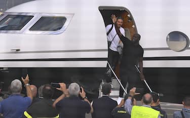 A.S. Roma's new signing Romelu Lukaku arrives at Ciampino Airport on August 29, 2023 at Ciampino Airport in Rome, Italy.