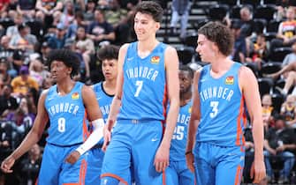 SALT LAKE CITY, UT - JULY 5: Chet Holmgren #7 of the Oklahoma City Thunder smiles and looks on during the game against the Utah Jazz during the 2022 NBA Salt Lake City Summer League on July 5, 2022 at vivint.SmartHome Arena in Salt Lake City, Utah. NOTE TO USER: User expressly acknowledges and agrees that, by downloading and or using this Photograph, User is consenting to the terms and conditions of the Getty Images License Agreement. Mandatory Copyright Notice: Copyright 2022 NBAE (Photo by Melissa Majchrzak/NBAE via Getty Images)