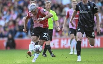 Carlos Alcaraz of Southampton shoots during the Sky Bet Championship match at the St Mary's Stadium, Southampton
Picture by Jeremy Landey/Focus Images/Sipa USA 
07/10/2023