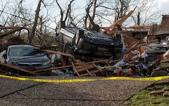 LITTLE ROCK, AR - MARCH 31: Homes damaged by a tornado are seen on March 31, 2023 in Little Rock, Arkansas. Tornados damaged hundreds of homes and buildings Friday afternoon across a large part of Central Arkansas. Governor Sarah Huckabee Sanders declared a state of emergency after the catastrophic storms that hit on Friday afternoon. According to local reports, the storms killed at least three people. (Photo by Benjamin Krain/Getty Images)