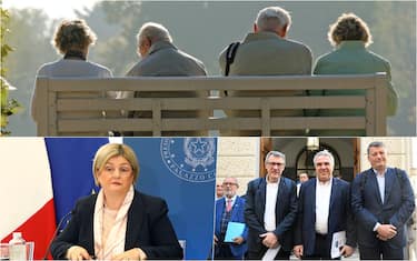 pensionati seduti su una panchina, il ministro calderone, i tre leader sindacali