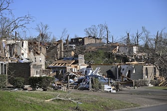 LITTLE ROCK, AR, UNITED STATES - APRIL 02: A view of the area after the tornado covering a path of dozens of miles in length caused severe damage in Little Rock, Arkansas, United States on April 02, 2023. Tornadoes that ravaged the US have killed at least 26 people, injuring dozens across southern and midwestern parts of the country, according to officials on Sunday. Houses and workplaces were heavily damaged and thousands were left without power in regions hit by tornadoes and storms. (Photo by Peter Zay/Anadolu Agency via Getty Images)