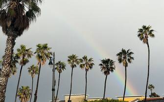 A rainbow appears between palm trees during a winter storm that blanketed the region with rain, snow, and hail in Redondo Beach, California, on February 25, 2023. - Heavy snow fell in southern California as the first blizzard in a generation pounded the hills around Los Angeles, with heavy rains threatening flooding in other places. (Photo by Patrick T. Fallon / AFP) (Photo by PATRICK T. FALLON/AFP via Getty Images)