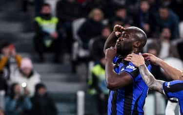 Inter forward Romelu Lukaku (90) celebrates after scoring his goal to make it 1-1 during the Coppa Italia semi final football match JUVENTUS - INTER on April 04, 2023 at the Allianz Stadium in Turin, Piedmont, Italy. (Photo by Matteo Bottanelli/NurPhoto via Getty Images)