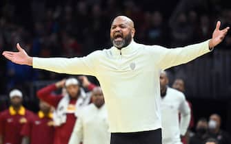 CLEVELAND, OHIO - MARCH 16: Head coach J.B. Bickerstaff of the Cleveland Cavaliers reacts during the fourth quarter against the Philadelphia 76ers at Rocket Mortgage Fieldhouse on March 16, 2022 in Cleveland, Ohio. The 76ers defeated the Cavaliers 118-114. NOTE TO USER: User expressly acknowledges and agrees that, by downloading and/or using this photograph, user is consenting to the terms and conditions of the Getty Images License Agreement. (Photo by Jason Miller/Getty Images)