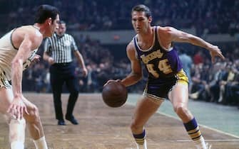 BOSTON - 1968:  Jerry West #44 of the Los Angeles Lakers makes a move to the basket against the Boston Celtics during a game played in 1968 at the Boston Garden in Boston, Massachusetts. NOTE TO USER: User expressly acknowledges and agrees that, by downloading and or using this photograph, User is consenting to the terms and conditions of the Getty Images License Agreement. Mandatory Copyright Notice: Copyright 1968 NBAE (Photo by Dick Raphael/NBAE via Getty Images)