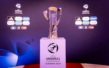 BRATISLAVA, SLOVAKIA - DECEMBER 03, 2024: A view of the trophy during the 2025 Under-21 EURO Final Tournament draw at the Slovak Philharmonic Reduta Building.
