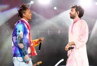 INDIO, CALIFORNIA - APRIL 14: (L-R) Jaden Smith and Â¿TeÌ o? perform at the Gobi Tent during the 2023 Coachella Valley Music and Arts Festival on April 14, 2023 in Indio, California. (Photo by Monica Schipper/Getty Images for Coachella)