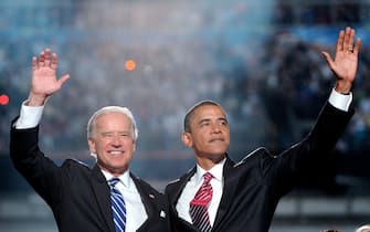 File photo dated August 28, 2008 of Democratic presidential candidate Barack Obama (R) and vice presidential candidate Joe Biden acknowledge convention cheers following Obama's acceptance speech on Day Four of the Democratic National Convention at Invesco Field at Mile High in Denver, CO, USA. Former President Barack Obama endorsed Joe Biden, his two-term vice president, on Tuesday morning in the race for the White House. &#x93;Choosing Joe to be my vice president was one of the best decisions I ever made, and he became a close friend. And I believe Joe has all the qualities we need in a president right now,&#x94; Obama said in a video posted to Twitter. Photo by Olivier Douliery/ABACAPRESS.COM