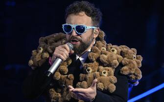 Italian singer Dargen DÕAmico performs on stage at the Ariston theatre during the 74rd Sanremo Italian Song Festival, Sanremo, Italy, 06 February 2024. The music festival will run from 06 to 10 February 2024.  ANSA/ETTORE FERRARI