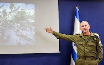 Israeli army spokesman Rear Admiral Daniel Hagari speaks to the press from The Kirya, which houses the Israeli Ministry of Defence, in Tel Aviv on October 18, 2023. A blast ripped through a hospital in war-torn Gaza killing hundreds of people late on October 17, sparking global condemnation and angry protests around the Muslim world. Spokesman Hagari on October 18 said that Israel had "evidence" that militants were responsible for the blast that killed hundreds at a Gaza hospital, saying a review proved others were at fault. (Photo by GIL COHEN-MAGEN / AFP) (Photo by GIL COHEN-MAGEN/AFP via Getty Images)