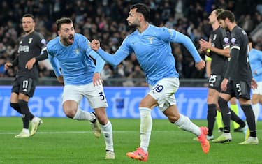 SS Lazio's Taty Castellanos (R) celebrates with his teammates after scoring the 1-0 goal during the Italian Cup semifinal 2nd leg soccer match between SS Lazio and Juventus FC at the Olimpico stadium in Rome, Italy, 23 April 2024.  ANSA/ETTORE FERRARI



