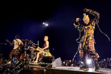 INDIO, CALIFORNIA - APRIL 13: (FOR EDITORIAL USE ONLY) Adrian Young and Gwen Stefani of No Doubt perform at the Coachella Stage during the 2024 Coachella Valley Music and Arts Festival at Empire Polo Club on April 13, 2024 in Indio, California. (Photo by Arturo Holmes/Getty Images for Coachella)