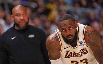 LOS ANGELES, CA - MARCH 24: LeBron James #23 of the Los Angeles Lakers looks on during the game against the Indiana Pacers on March 24, 2024 at Crypto.Com Arena in Los Angeles, California. NOTE TO USER: User expressly acknowledges and agrees that, by downloading and/or using this Photograph, user is consenting to the terms and conditions of the Getty Images License Agreement. Mandatory Copyright Notice: Copyright 2024 NBAE (Photo by Garrett Ellwood/NBAE via Getty Images)