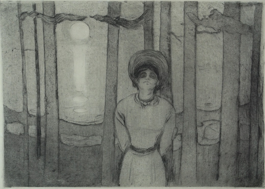 Edvard Munch, Chiaro di luna, 1895 – Puntasecca e acquatinta, 239 × 310 mm Venezia, Ca’ Pesaro – Galleria Internazionale d’Arte Moderna
