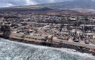 epa10797679 A handout photo made available by the Hawaii Department of Department of Land and Natural Resources shows an aerial view of the wildfire aftermath in Lahaina on Maui, Hawaii, on 11 August 2023 (issued 12 August 2023). Officials have said at least 80 people have died in the wildfires on Maui, Hawaii.  EPA/HAWAII DEPARTMENT OF LAND AND NATURAL RESOURCES HANDOUT . HANDOUT EDITORIAL USE ONLY/NO SALES