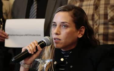 Environmentalist and politician Andrea Gonzalez Nader speaks during a press conference along with other supporters of assassinated presidential candidate Fernando Villavicencio, in Quito, Ecuador, 10 August 2023. ANSA/Santiago Fernandez
