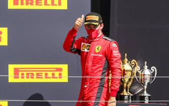SILVERSTONE, UNITED KINGDOM - AUGUST 02: Charles Leclerc, Ferrari on the podium during the British GP at Silverstone on Sunday August 02, 2020 in Northamptonshire, United Kingdom. (Photo by Charles Coates / LAT Images)