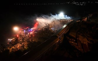 Rail accident involving a collision between a cargo and a passenger train in the Evangelismos area of Larissa, Greece on March 1, 2023. At least 16 people have been reported dead after the rail accident. (Photo by STRINGER / SOOC / SOOC via AFP) (Photo by STRINGER/SOOC/AFP via Getty Images)