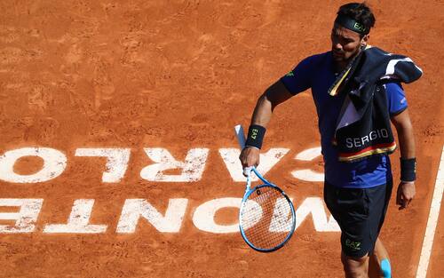 Italy's Fabio Fognini reacts during his tennis match against Russia's Andrey Rublev on the day 3 of the Monte-Carlo ATP Masters Series tournament on April 15, 2019 in Monaco. (Photo by Valery HACHE / AFP)        (Photo credit should read VALERY HACHE/AFP via Getty Images)