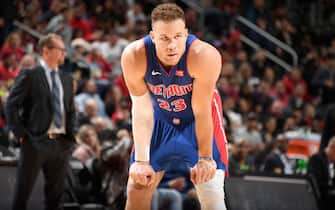 DETROIT, MI - DECEMBER 18: Blake Griffin #23 of the Detroit Pistons looks on against the Toronto Raptors on December 18, 2019 at Little Caesars Arena in Detroit, Michigan. NOTE TO USER: User expressly acknowledges and agrees that, by downloading and/or using this photograph, User is consenting to the terms and conditions of the Getty Images License Agreement. Mandatory Copyright Notice: Copyright 2019 NBAE (Photo by Chris Schwegler/NBAE via Getty Images)