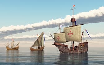 Computer generated 3D illustration with the ships Santa Maria, Nina and Pinta of Christopher Columbus