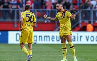 ENSCHEDE, NETHERLANDS - JULY 29: Andrea Cambiaso of Bologna, Marko Arnautovic of Bologna during the Pre-season friendly match between FC Twente and Bologna at De Grolsch Veste on July 29, 2022 in Enschede, Netherlands. (Photo by Marcel ter Bals/Orange Pictures/BSR Agency/Getty Images)