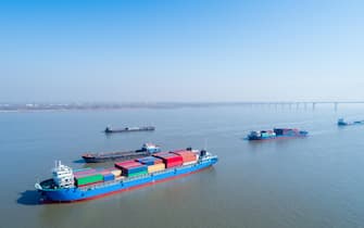 container ships closeup on yangtze river