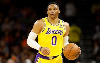 PHOENIX, ARIZONA - APRIL 05: Russell Westbrook #0 of the Los Angeles Lakers handles the ball during the first half of the NBA game at Footprint Center on April 05, 2022 in Phoenix, Arizona.  NOTE TO USER: User expressly acknowledges and agrees that, 
by downloading and or using this photograph, User is consenting to the terms and conditions of the Getty Images License Agreement. (Photo by Christian Petersen/Getty Images)