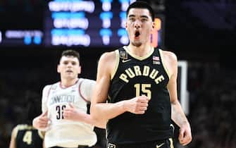 GLENDALE, ARIZONA - APRIL 08: Zach Edey #15 of the Purdue Boilermakers celebrates during the first half in the NCAA Men's Basketball Tournament National Championship game at State Farm Stadium on April 08, 2024 in Glendale, Arizona. (Photo by Brett Wilhelm/NCAA Photos via Getty Images)