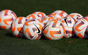 BURTON UPON TRENT, ENGLAND - FEBRUARY 13: Nike match balls are seen during a training session at St George's Park on February 13, 2023 in Burton upon Trent, England. (Photo by Naomi Baker - The FA/The FA via Getty Images)