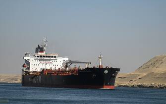 ISMAILIA, EGYPT - JANUARY 10: A ship transits the Suez Canal towards the Red Sea on January 10, 2024 in Ismailia, Egypt. In the wake of Israel's war on Gaza after the October 7 Hamas attack on Israel, Houthi rebels in Yemen pledged disruption on all ships destined for Israel through the Red Sea's Suez Canal. The disruption on world trade is evident in the number of companies using this container ship route - a 90 per cent decline compared to figures one year ago. (Photo by Sayed Hassan/Getty Images)