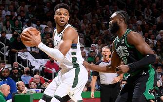 BOSTON, MA - MAY 1: Giannis Antetokounmpo #34 of the Milwaukee Bucks handles the ball during the game against the Boston Celtics during Game One of the 2022 NBA Playoffs Eastern Conference Semifinals on May 1, 2022 at the TD Garden in Boston, Massachusetts.  NOTE TO USER: User expressly acknowledges and agrees that, by downloading and or using this photograph, User is consenting to the terms and conditions of the Getty Images License Agreement. Mandatory Copyright Notice: Copyright 2022 NBAE  (Photo by Brian Babineau/NBAE via Getty Images) 