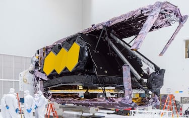 Handout photo dated October 15, 2021 of the James Webb Space Telescope has unpacked and settled into its temporary home. The James Webb Space Telescope has safely made it inside the cleanroom at its launch site at Guiana Space Center, in French Guiana. NASA's much-delayed James Webb Space Telescope remains on track to launch this month. Further testing on the huge observatory has confirmed that Webb's liftoff, atop an Ariane 5 rocket from French Guiana, is still targeted for December 22. The James Webb Space Telescope is designed to capture views of the early universe as far back as 13.5 billion years ago. Photo by NASA via ABACAPRESS.COM