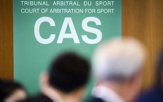 epa07998578 The logo of (CAS) is pictured as Chinese swimming star Sun Yang (unseen), arrives for the Court of Arbitration for Sport, (CAS) public hearing in Montreux, Switzerland, 15 November 2019. One of China's biggest Olympic stars and three-time gold medalist swimmer Sun Yang is facing a World Anti-Doping Agency appeal in Switzerland that seeks to ban him for up eight years for allegedly refusing to give samples voluntarily.  EPA/JEAN-CHRISTOPHE BOTT