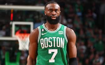BOSTON, MA - MAY 29: Jaylen Brown #7 of the Boston Celtics looks on during Game Seven of the Eastern Conference Finals against the Miami Heat on May 29, 2023 at the TD Garden in Boston, Massachusetts. NOTE TO USER: User expressly acknowledges and agrees that, by downloading and or using this photograph, User is consenting to the terms and conditions of the Getty Images License Agreement. Mandatory Copyright Notice: Copyright 2023 NBAE  (Photo by Nathaniel S. Butler/NBAE via Getty Images)