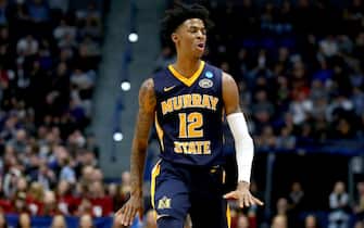 HARTFORD, CONNECTICUT - MARCH 23:  Ja Morant #12 of the Murray State Racers celebrates his three point basket against the Florida State Seminoles in the first half during the second round of the 2019 NCAA Men's Basketball Tournament at XL Center on March 23, 2019 in Hartford, Connecticut. (Photo by Maddie Meyer/Getty Images)